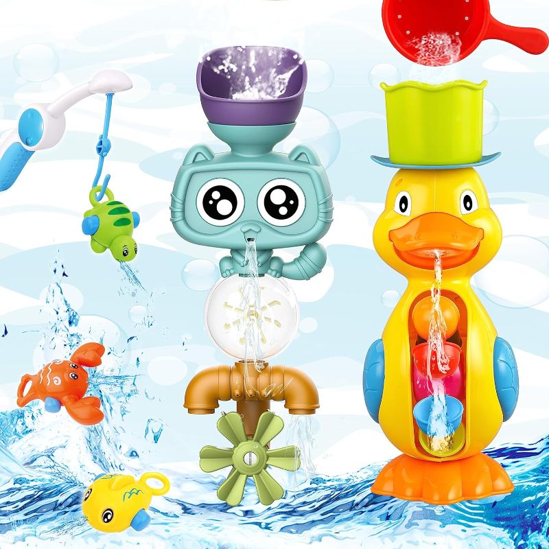 Photo 1 of Bath Toys for Toddlers 1-3 3-5,Baby Bath Toys Cute Duck Cat Waterfall with Rotate Waterwheel Shower Toys,Fishing Game,Floating Bathtub Toys Swimming Fish Toy,Baby Water Toys Pool Toys for Toddlers 1-3