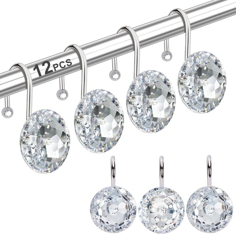 Photo 1 of 12PCS Decorative Shower Curtain Hooks, Stainless Steel Rust Resistant Rhinestones Shower Curtain Rings Hangers for Shower Curtains, Clothing, Towels, Living Room Decoration (Clear)