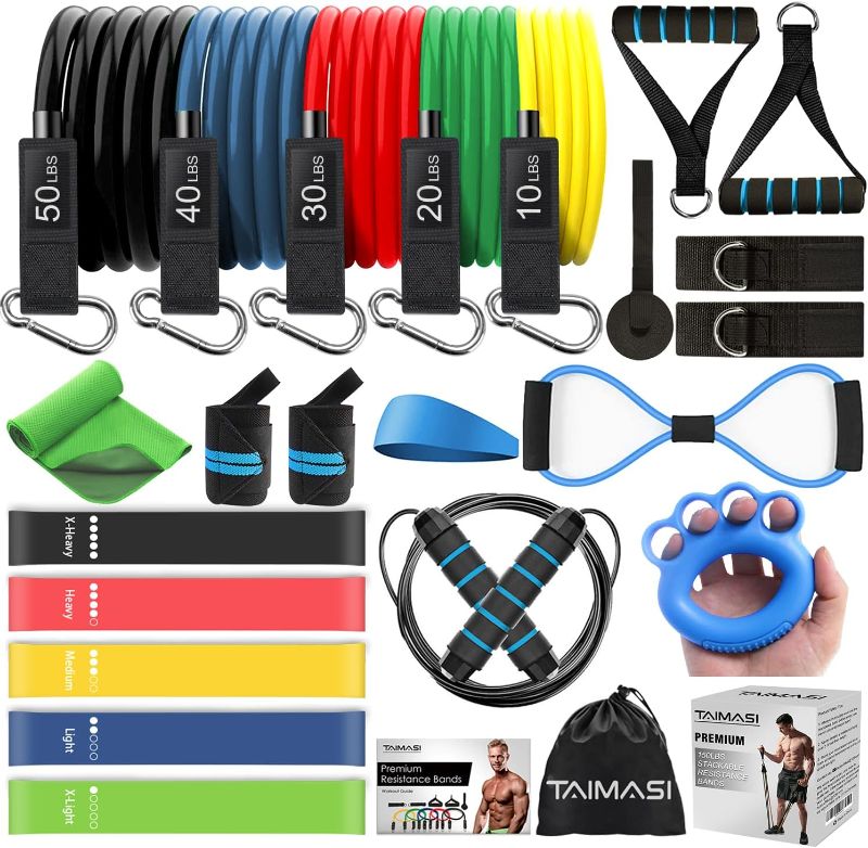 Photo 1 of 23Pcs Resistance Bands Set Workout Bands, 5 Stackable Exercise Bands with Handles, 5 Resistance Loop Bands, Jump Rope, Figure 8, Headband, Cooling Towel