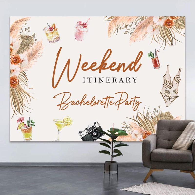 Photo 1 of 7x5ft Bachelorette Weekend Backdrop Itinerary Party Decoration for Girls or Woman Background Boho Pool Party Photography Free Life Vino Before Vows Banner Supplies Girls Night Photo Shoot Props