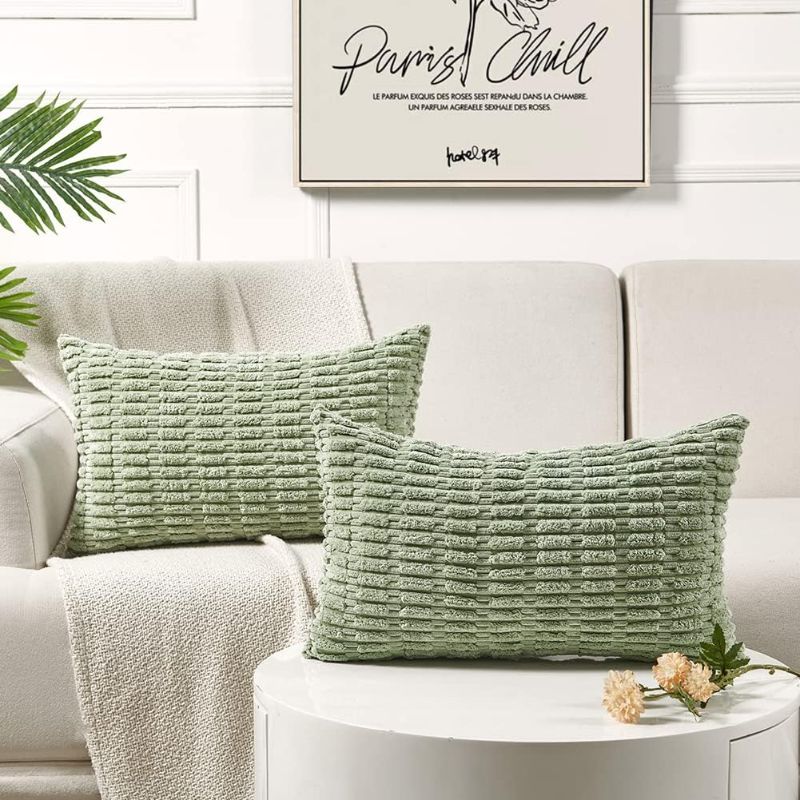 Photo 1 of 2 Packs Sage Green Lumbar Boho Decorative Throw Pillow Covers 12x20 Inch/30x50 cm,Rectangle Striped Soft Corduroy Cushion Cases for Living Room Couch Bedroom,Rustic Modern Farmhouse Home Decor