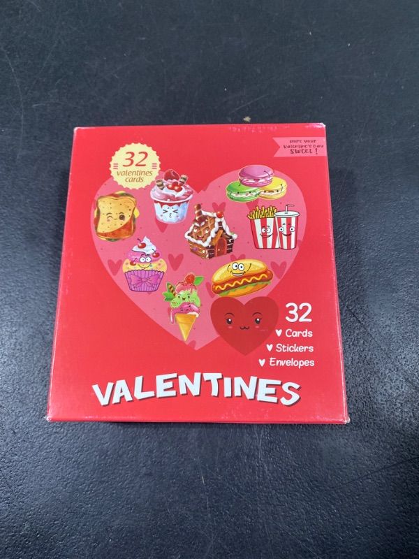 Photo 2 of 96Pcs Valentines Day Cards Set for Kids Classroom Exchange Includes 32 Pink Envelopes and 32 Stickers, Cards Feature Snack-Themed Graphics of French Fries, Hot Dogs, Ice Cream, Macaroons