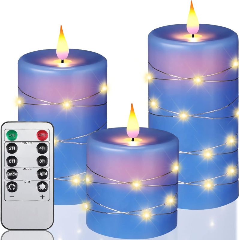 Photo 1 of 3 Pcs Flickering Flameless Candles Wedding String Lights Candle Bulk LED Electric Candles with Embedded String Lights Battery Operated Pillar Candle Built-in String Candles 4" 5" 6" (Blue)
