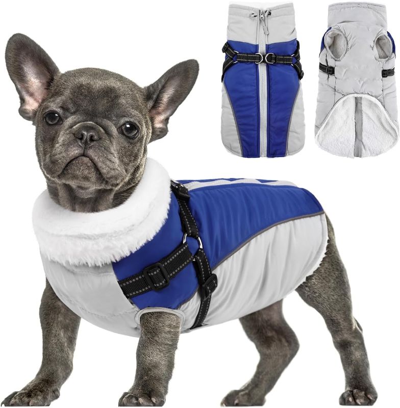 Photo 1 of [Size 2XL] Queenmore Dog Coat, Extra Warm Winter Dog Jacket with Harness Built in, Cold Weather Waterproof Dog Clothes for Large Medium Small Dogs, Fleece Lined Reflective Easy On Dog Snow Jacket,Blue/Grey XXL