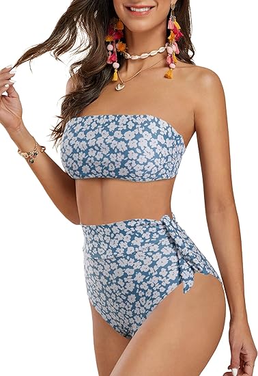 Photo 1 of [Size XL] FERBIA Womens High Waisted Bikini Set Bandeau Strapless 2 Piece Bathing Suit Swimsuits Tie Wrap Swimwear 