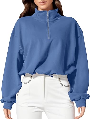 Photo 1 of [Size L] COZYPOIN Womens Crop Sweatshirt Oversized Half Zip Stand Collar Pullover Tops Activewear Jacket