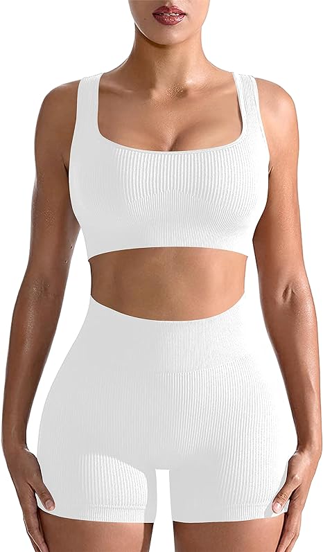 Photo 1 of [Size L] ISEEGZ Workout Sets for Women 2 Piece Seamless Ribbed Crop Short Sleeve Tank High Waist Shorts Leggings Yoga Outfits- Cream White