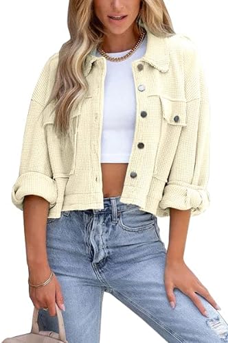 Photo 1 of [Size M] BZB Womens Waffle Knit Shacket Jackets Lightweight Cropped Shacket Long Sleeve Button Down Shirts 