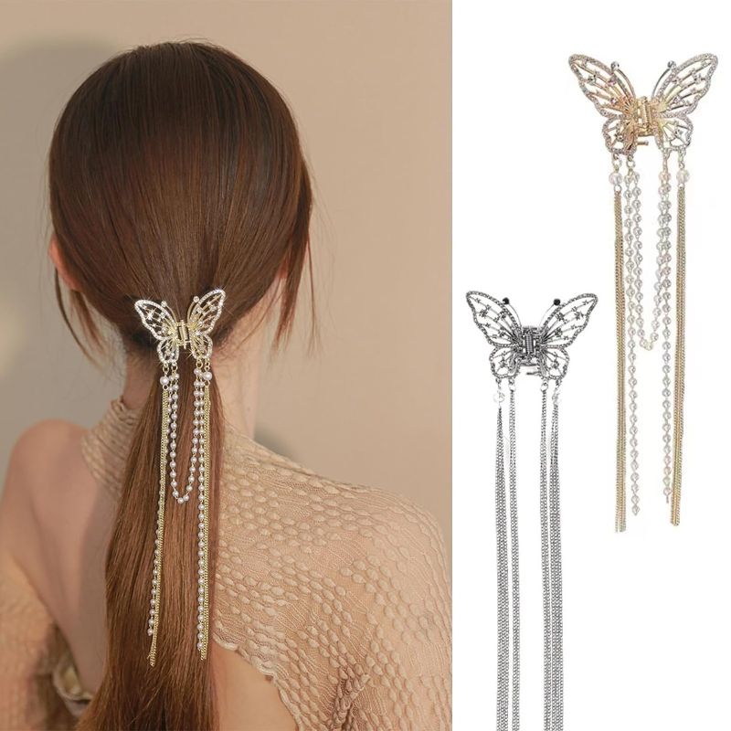 Photo 1 of Butterfly Hair Clips Crystal Rhinestone Tassel Hair Chain Gold Silver Butterfly Hair Claws Pearl Hair Accessories Nonslip Hair Grab Clips Elegant Hairpin for Women Girls?2 PCS?