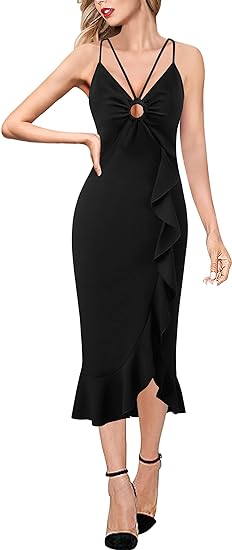 Photo 1 of [Size S] VFSHOW Womens Sexy Spaghetti Strap Backless Keyhole 2023 Ruffle Split Party Club Night Out Midi Bodycon Dress- Red