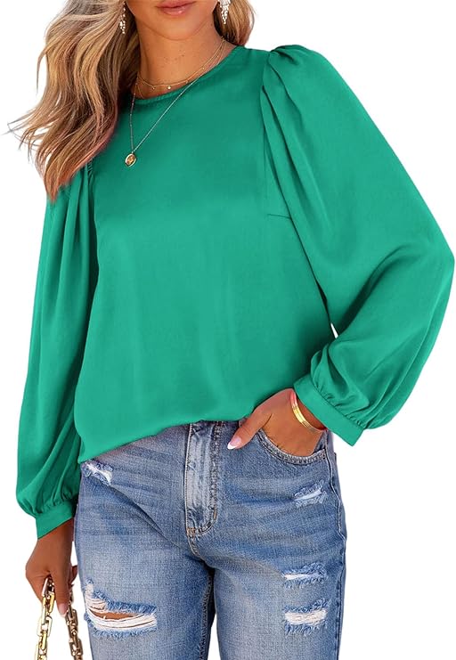 Photo 1 of [Size S] Vrtige Women's Satin Silky Casual Crewneck Puff Long Sleeve Tunic Top Blouse Shirt- Green