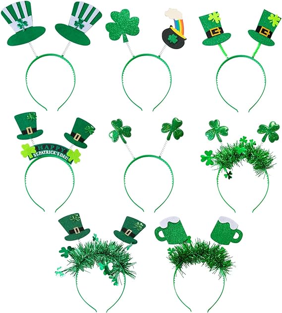 Photo 1 of 8Pcs St. Patrick's Day Headbands, Green Shamrock Clover Hats Headband Boppers, Saint Patricks Day Irish Headwear Costume Accessories Top Hat Head Band Bopper Party Favors for Women Men Kids
