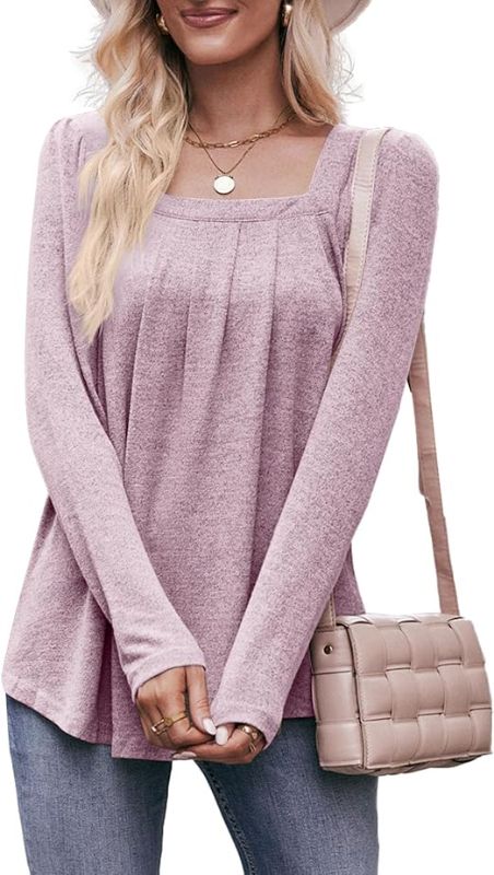 Photo 1 of [Size S] Aossfre Women's Square Neck Long Sleeve Pleated Loose Fit Blouse Casual Tunic Top