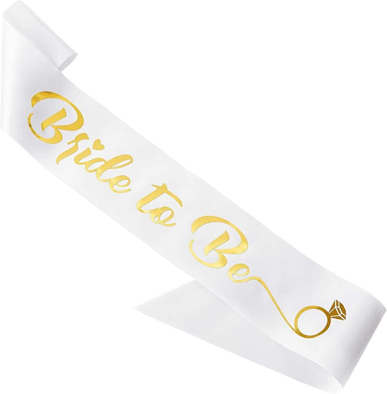 Photo 1 of 'Bride to Be' Bachelorette Party Sash - Bridal Shower White Satin Sash with Gold