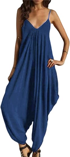 Photo 1 of [Size S] PRIMODA Women's Summer Punk Spaghetti Strap Jumpsuit V Neckline Loose Harem One Piece Romper -Navy