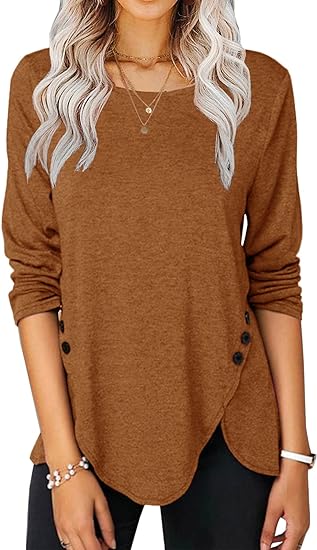 Photo 1 of [Size 2XL] Yiantede Womens Casual Long Sleeve Blouses Tunic Crew Neck Button Side T Shirts Tops