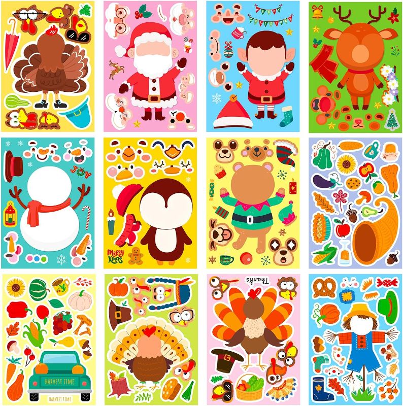 Photo 1 of 12PCS Thanksgiving Christmas Stickers are Most Popular with Children at Parties, Making Facial Stickers, Türkiye, Santa Claus, Snowman Self-Adhesive Classroom Stickers, Party Games,