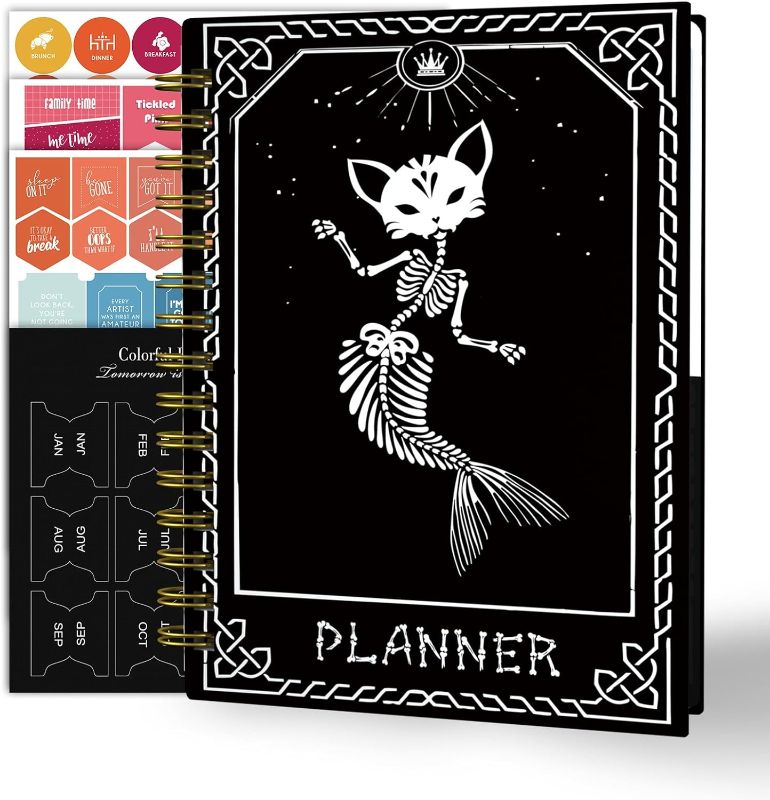 Photo 2 of 2024 Planner, 12-Month Weekly Monthly Planner from JAN.2024 to DEC.2024, 8.4" X 6", Planner Notebook with Spiral Bound, Stickers & Sticky Index Tabs, Fox-Fish Skull Black - 01