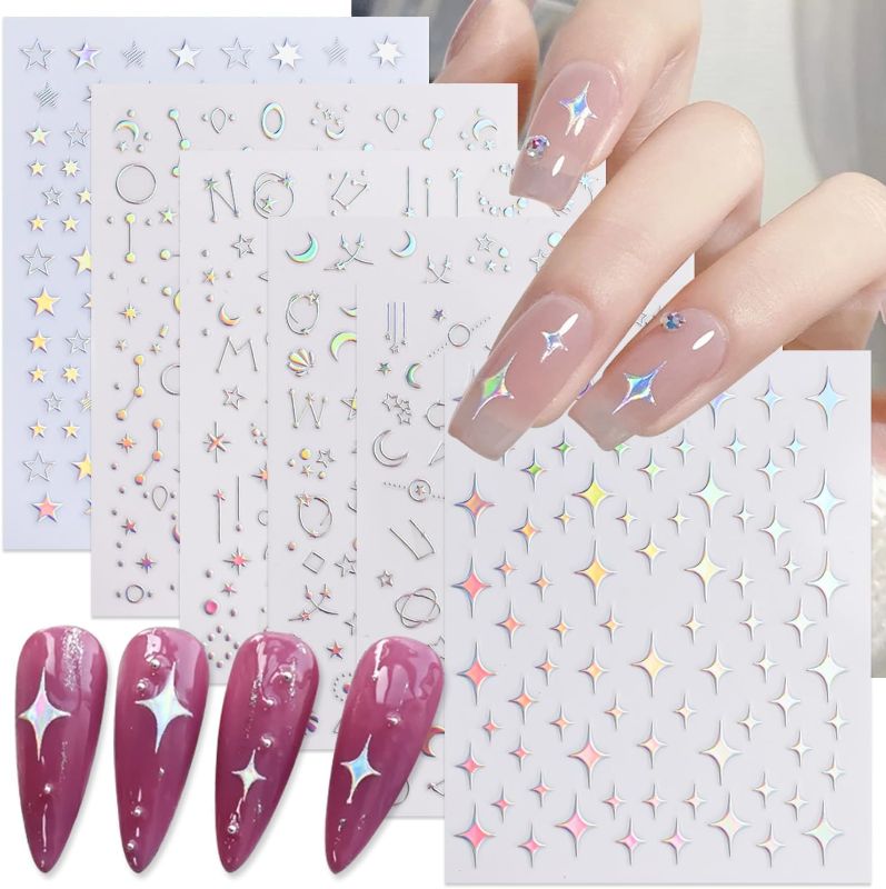 Photo 1 of DANNEASY 6 Sheets Aurora Nail Art Stickers Laser Star Moon Meteor Nail Stickers Holographic Starry Sky Nail Decals Self-Adhesive Nail Design Stickers Manicure Sticker Nails Decoration 