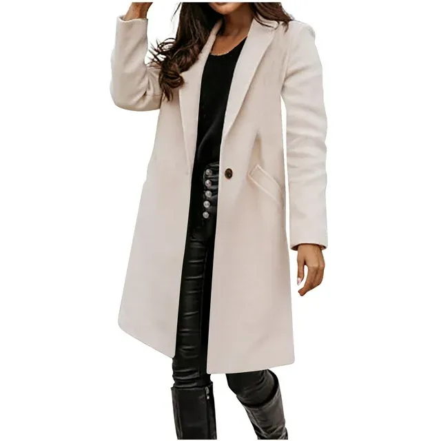 Photo 1 of [Size M] Womens Elegant Solid Wool Blend Trench Coat Single Breasted Lapel Long Sleeve Knee Length Cardigan Casual Jacket
