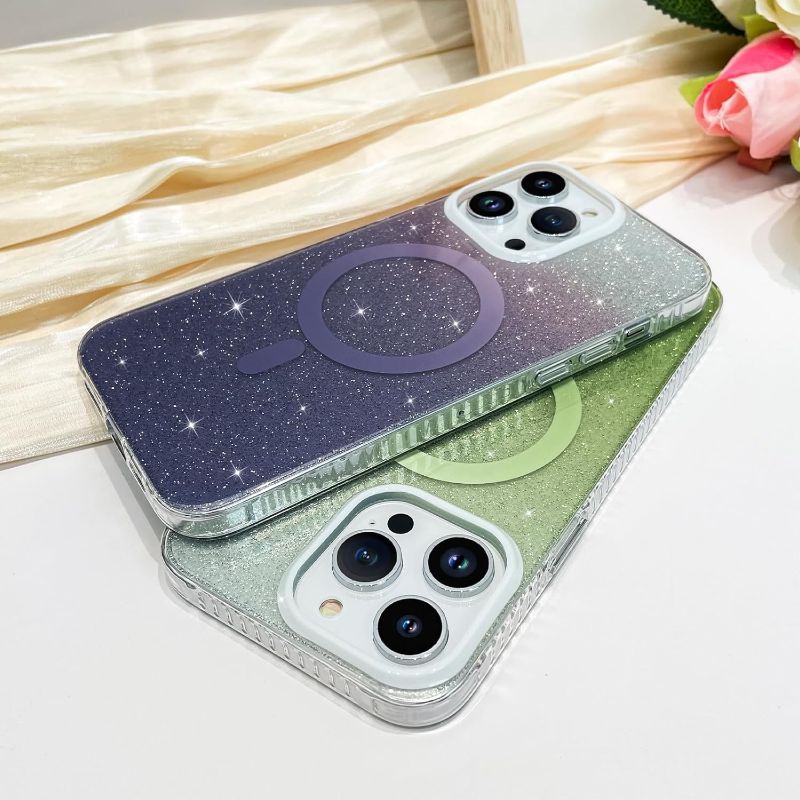 Photo 1 of Gukalong Glitter Case for iPhone 14 Pro Max 6.7 Inch (Compatible with MagSafe) Shockproof Protective Anti-Scratch Bling Magnetic Case for Women Girls- Purple