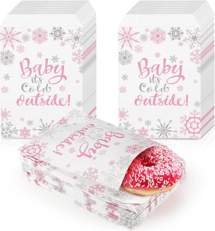 Photo 1 of 150 Pcs Winter Baby Shower Candy Cookie Bags 5 x 7 Inches Christmastreat Bags Baby It's Cold Outside Paper Favor Bags Snowflake Winter Goodie Bags Grease Bags for Holiday Popcorn Donuts Gift 