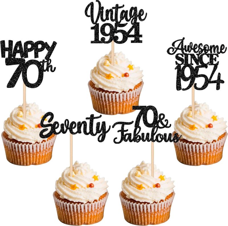 Photo 1 of 30PCS Happy 70th Birthday Cupcake Toppers Glitter Seventy Vintage 1954 Cupcake Picks Cheers to 70 Fabulous Cake Decorations for 70th Birthday Wedding Anniversary Party Supplies Black