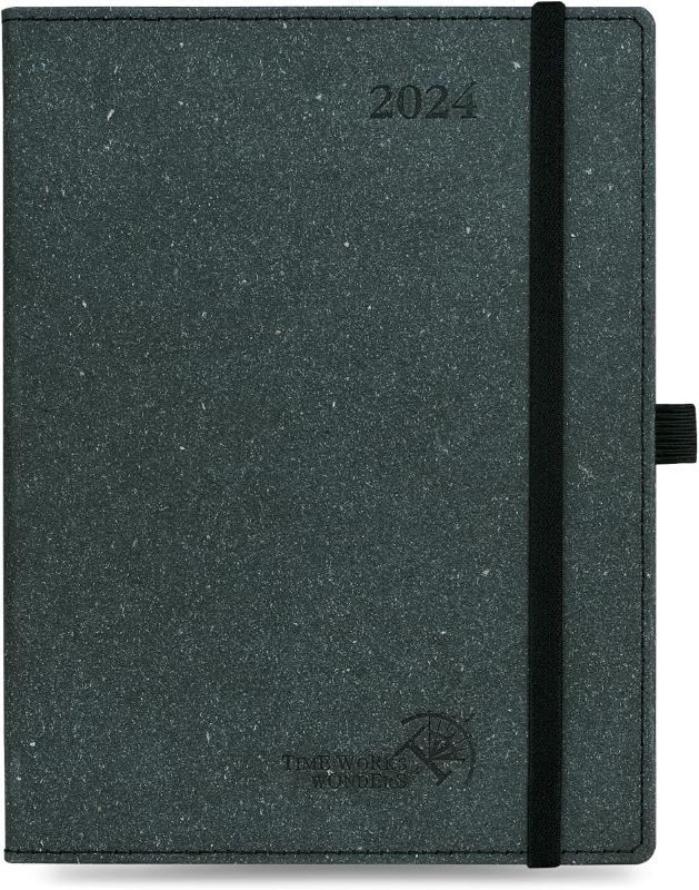 Photo 1 of POPRUN 2024 Weekly Planner - 2024 Eco-Friendly Planner with Hourly Schedule & Vertical Weekly Layout, Monthly Tabs, Pocket and more - 6.5''x 8.5'' - Italian Regenrated Leather - Black Grey
