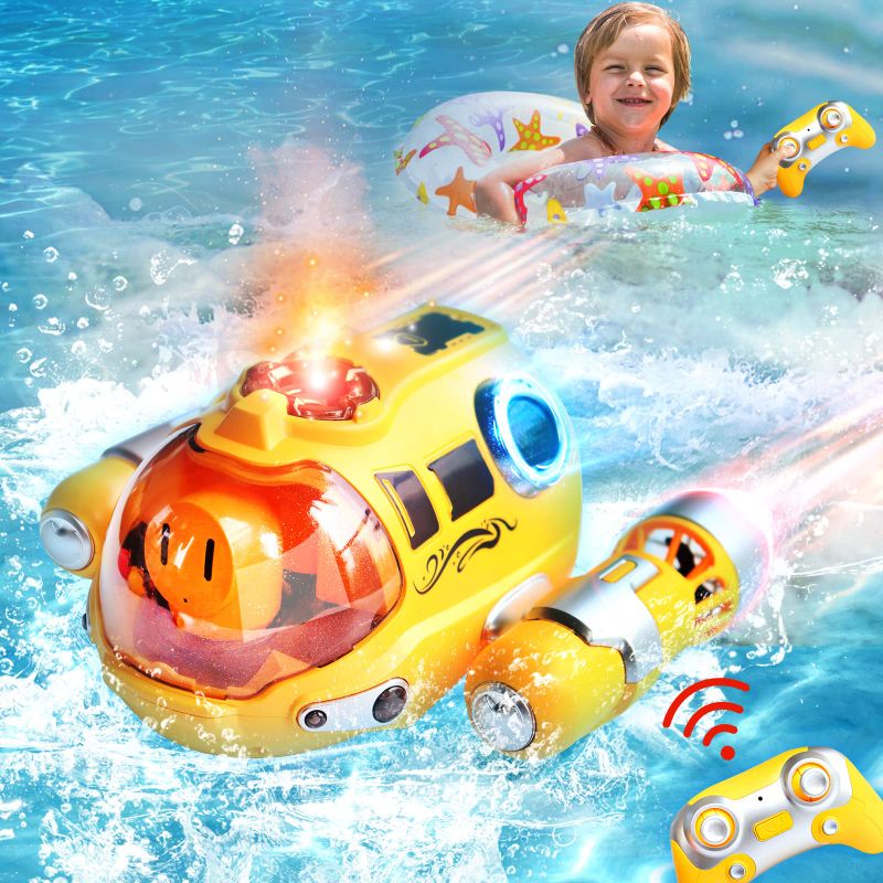 Photo 1 of Ejanmilar RC Boat, 2.4GHz One-Key Spary Waterproof Remote Control, 360° Rotation Light Up Submarine Toys for Swimming Pools Bath Tub Fun Summer Water Toys for Toddlers Kids Ages 3 4 5 6 7 8 9 Yellow