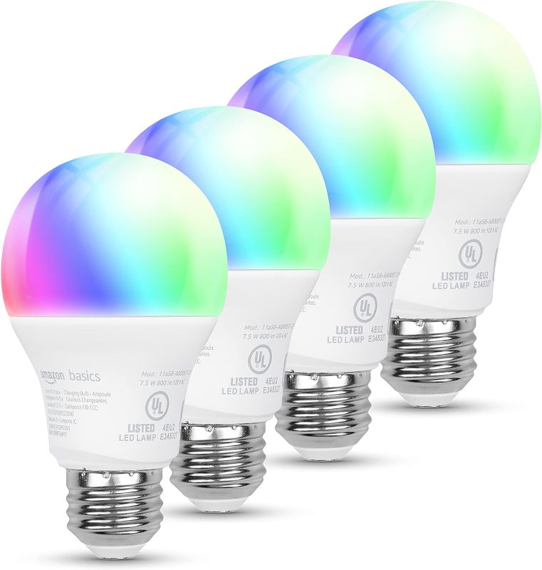 Photo 1 of Amazon Basics Smart A19 LED Light Bulb, Color Changing, 2.4 GHz Wi-Fi, 60W Equivalent 800LM, Works with Alexa Only, 4-Pack, Certified for Humans Color Changing 4 Pack