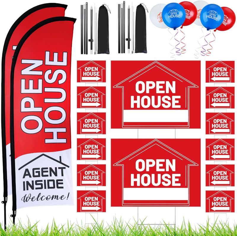 Photo 1 of Buryeah 106 Pcs Real Estate Agent Supplies Accessories, 2 Open House Banner Flag with Pole Kit, 14 Yard Lawn Ground Sale Directional Arrows Signs with Stakes Double Sided and 90 Balloons (Red)
