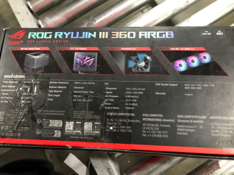 Photo 2 of ASUS ROG Ryujin III 360 ARGB All-in-one Liquid CPU Cooler with 360mm Radiator. Asetek 8th gen Pump, 3X Magnetic 120mm ARGB Fans (Daisy Chain Design), 3.5” LCD Display 360mm ?ROG RYUJIN III 360 ARGB