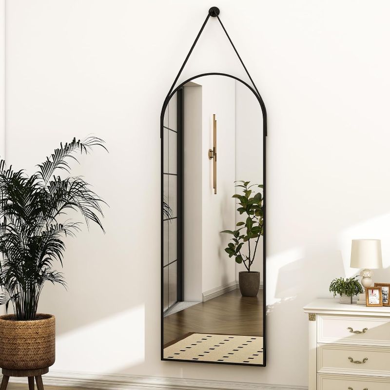 Photo 1 of 16"x48"Arched Mirror with Hanging Leather Strap Full Length Mirror Aluminum Frame Wall-Mounted Arch Mirror Hanging Mirrors for Bathroom Vanity Living Room Bedroom Entryway Decor