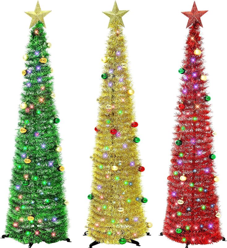 Photo 1 of 3 Pack 5 Ft Tinsel Christmas Tree with Timer Ball LED Lights Holiday Pop Up Christmas Tree Collapsible Artificial Christmas Tree Pencil Xmas Tree for Apartments Home Decor Indoor Party
