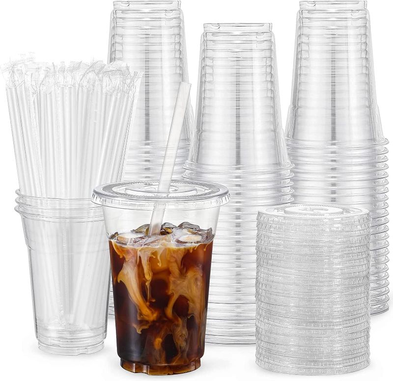 Photo 1 of 100 Sets - 12oz Clear Plastic Cups with Lids and Straws, Disposable Cups for Iced Coffee, Smoothie, Milkshake, Cold Drinks