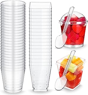 Photo 1 of 100 Sets 5 oz Dessert Cups with Lids and Spoons Clear Plastic Parfait Cups Round and Square Mini Pudding Cups Small Disposable Appetizer Cups Containers for Serving Glass Ice Cream Party
