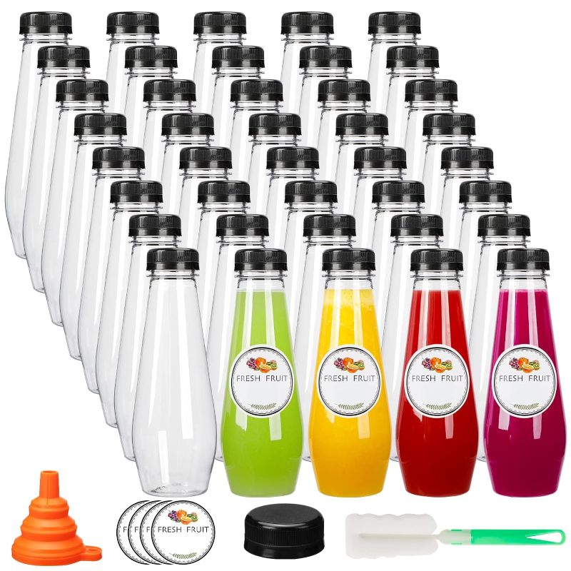 Photo 1 of Moretoes 40pcs 12oz Empty Plastic Juice Bottles with Caps Cone Reusable Clear Bulk Beverage Containers for Juicing, Drinking, Milkshake, Tea and Other Beverages