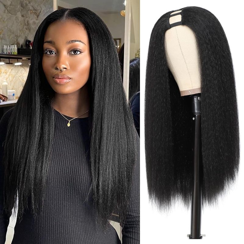 Photo 1 of Alicoco Wigs for Black Women Kinky Straight U Part Wigs None lace front wigs Glueless Synthetic Natural Color U-part wigs Hair Extension Clip(18inch, U-Part wig)