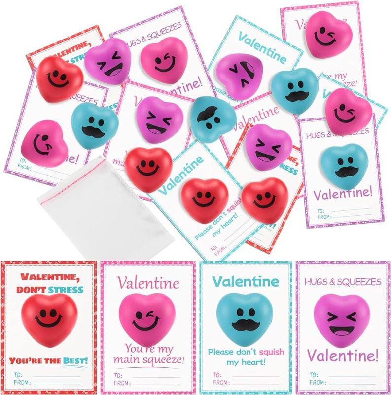 Photo 1 of 28 Set Valentines Day Cards with Heart Shape Stress Ball, Valentines for Classroom, Exchange Valentines Cards Greeting Cards Smile Face Balls Sealing Bags for Classroom School Party Favors