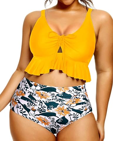 Photo 1 of [Size 22] Daci Women Plus Size Two Piece Swimsuits High Waisted Bikini Set Ruffle Flounce Tummy Control Bathing Suits with Bottom
