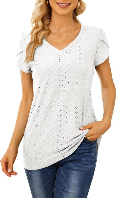 Photo 1 of [Size L] DUOEASE Summer Tops for Women Short Petal Sleeve Eyelet Tshirts with Hollow- white
