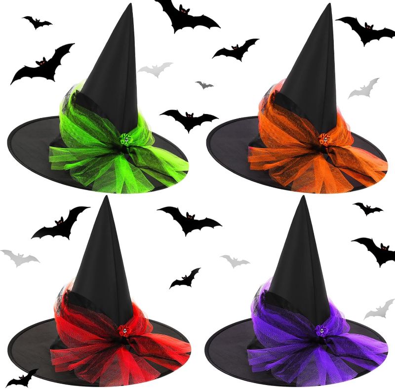 Photo 1 of 4 Pieces Halloween Black Witch Hat Wizard Hat Costume Party Hats for Kid Girls Women Halloween Dress Decorations Cosplay Birthday Masquerade Accessory