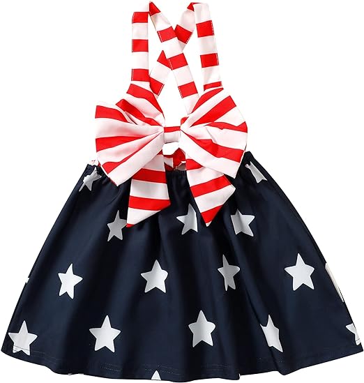 Photo 1 of [Size 12mo] Noubeau 4th of July Toddler Baby Girl Outfits Bow Halter Dress Backless Dresses Star Stripes Patriotic Summer Clothes