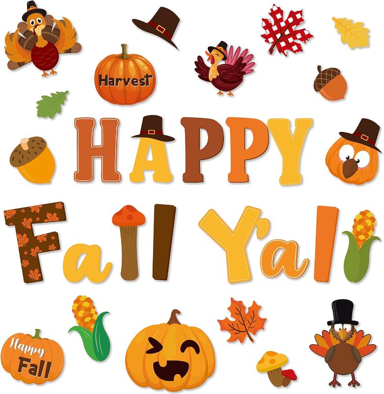 Photo 1 of 74PCS Happy Fall Yall Bulletin Board Decoration Pumpkin Paper Turkey Cut Outs for Autumn Farmhouse Office School Classroom or Home Thanksgiving Theme Chalkboard Blackboard Bulletin Board Cutouts Supply Decor