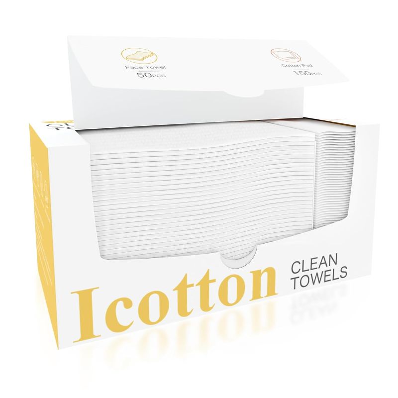 Photo 1 of ICOTTON 2 in 1 Disposable Face Towel-100%Pure Cotton Clean Towels Biodegradable Facial Cleansing Towelettes, 50 PCS Large Single Use Face Towel & 150 PCS Cotton Pads for Sensitive Skin,Makeup Removing
