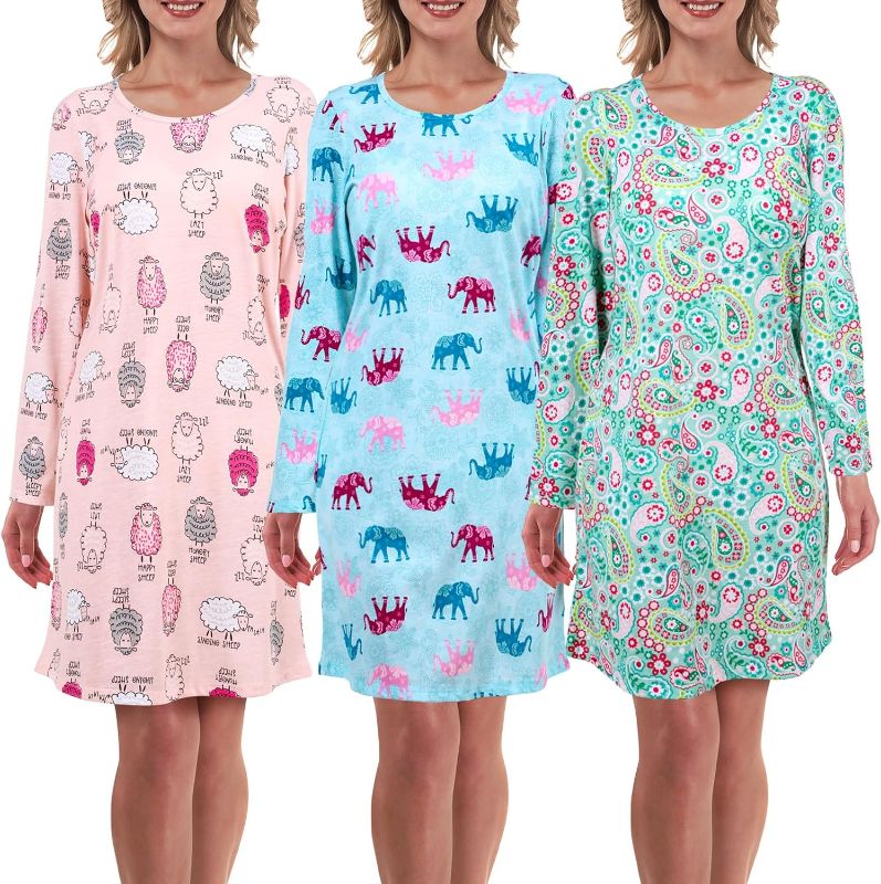 Photo 1 of [Size XL] Chuarry 3 Pack Women's Sleep Shirt Long Sleeve Nightgowns for Women Soft Cotton Sleepwear Ladies Print Tee Sleep Dress[ Winter Designs