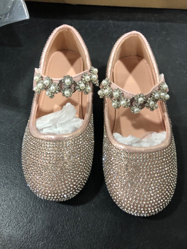 Photo 2 of [Size 11]youngshow Little Girls Flats Shoes Rhinestone Pearls Hook and Loop Round Toe Ballet Flats Party Dress Shoes for Little Kids Big Kids
