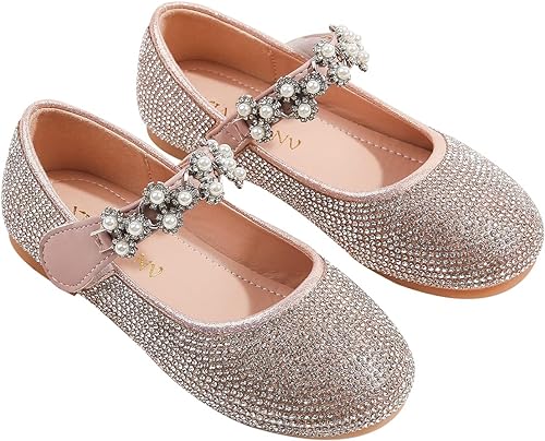 Photo 1 of [Size 11]youngshow Little Girls Flats Shoes Rhinestone Pearls Hook and Loop Round Toe Ballet Flats Party Dress Shoes for Little Kids Big Kids
