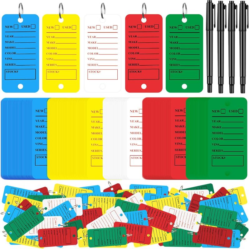 Photo 1 of Harloon 1000 Pieces Dealership Tags Car Key Tags Shop Labels Blank Labeling Tags with Rings and 8 Pieces Pens for Office Car Shop Supplies (White)