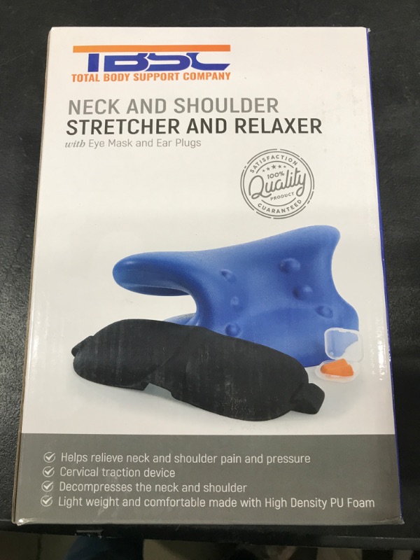 Photo 1 of Neck Stretcher Full Kit, Stress Relief Set with Cervical Traction Device, Ear Plugs and Sleep Mask, Comfy Chiropractic Pillow, Physical Therapy Equipment for Neck Pain and Spinal Health, Blue - TBSC